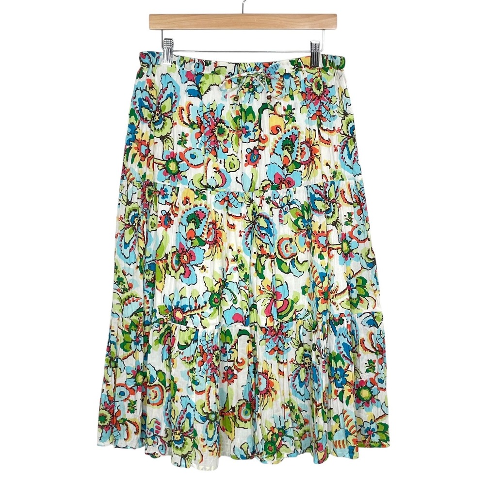 Colorful Boho Floral Crinkle Cotton Tiered Midi Skirt Sz S Peasant Hippie‎ Lined